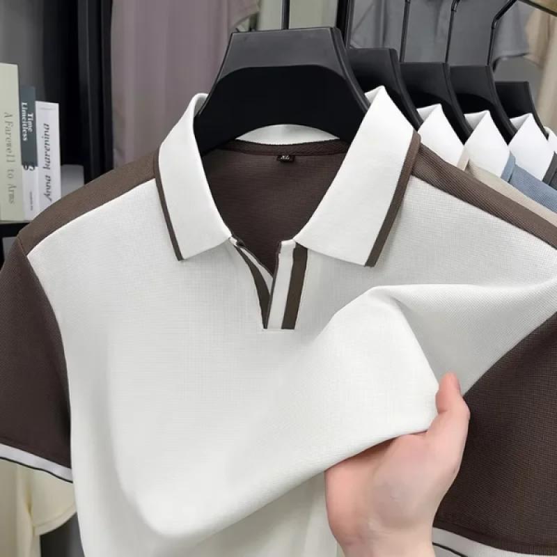 Fashion personality color blocked men's short sleeve polo shirt summer silky breathable unique buttonless V-neck T-shirt new top - image 2