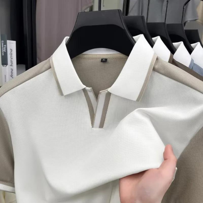 Fashion personality color blocked men's short sleeve polo shirt summer silky breathable unique buttonless V-neck T-shirt new top - image 5