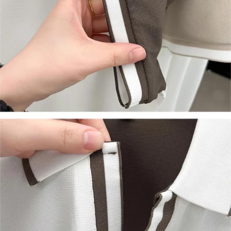 Fashion personality color blocked men's short sleeve polo shirt summer silky breathable unique buttonless V-neck T-shirt new top - image 8